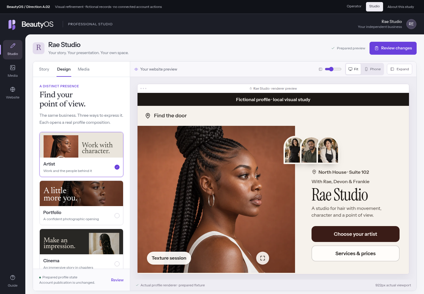 Desktop professional Studio with design choices beside the actual responsive Rae Studio profile renderer