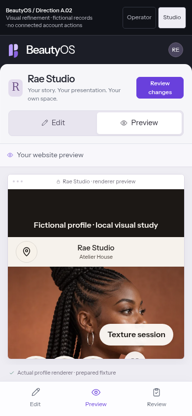 Phone Studio in Preview mode with the actual Rae Studio profile